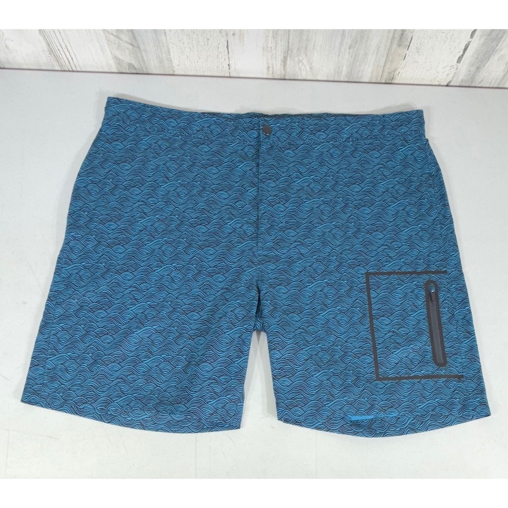 Mack Weldon‎ Board Shorts 43/44 Blue Wave Print Stretch Swim Trunks Zip Pockets